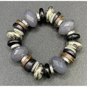 Bracelet Faceted Grey Plastic & Faux Metal & Faux Wood Bead Expandable